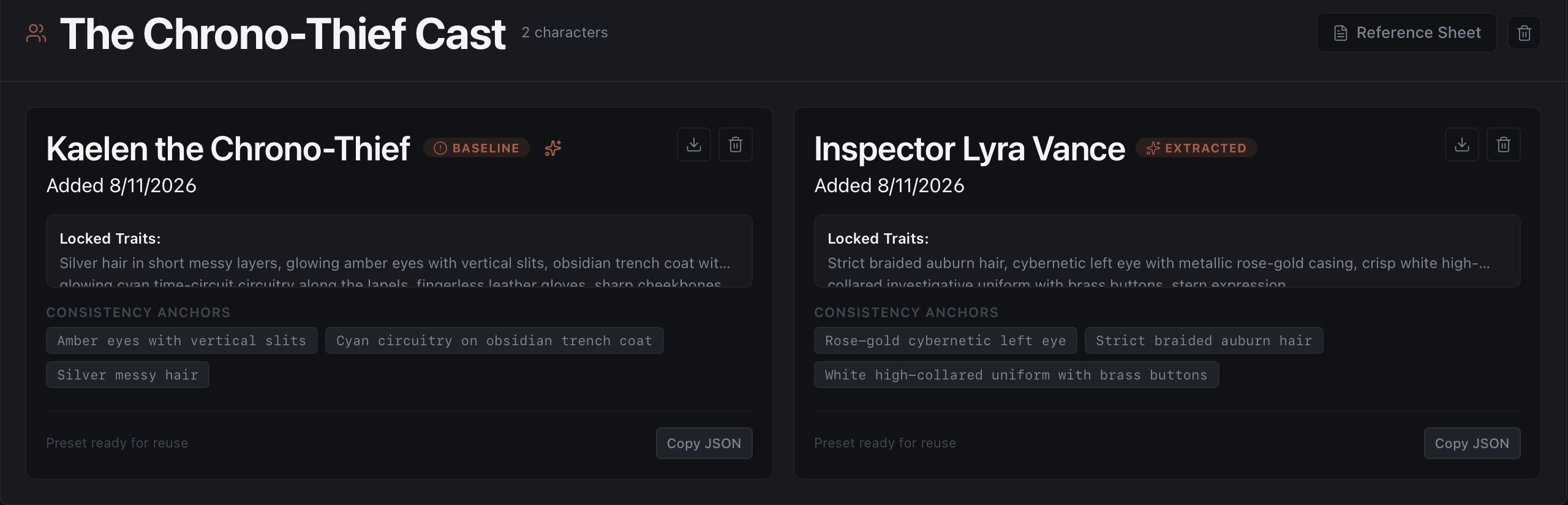 CastLock Cast Library screen showing a character roster with locked traits