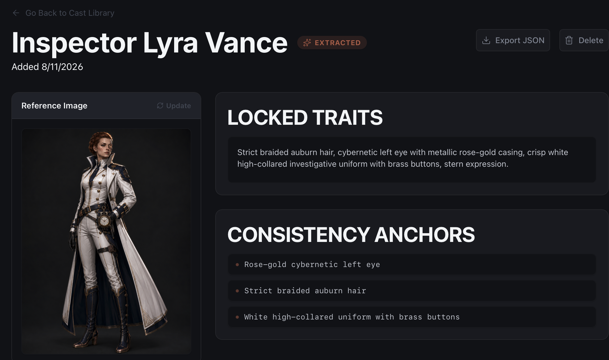 CastLock Character Detail screen showing locked traits and consistency anchors