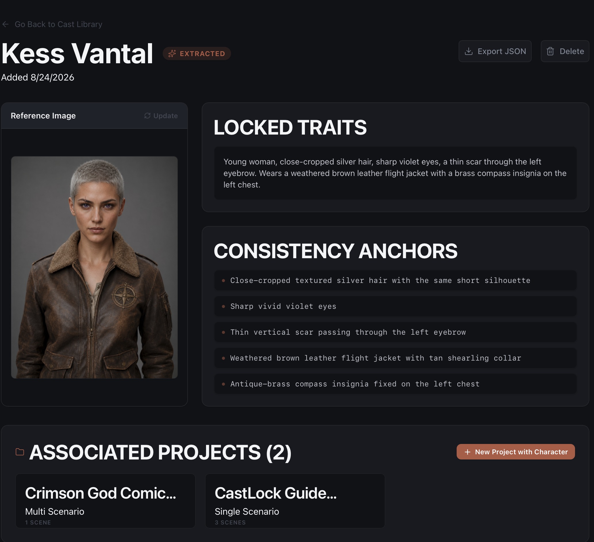 Character detail page showing Locked Traits, Consistency Anchors, and Associated Projects