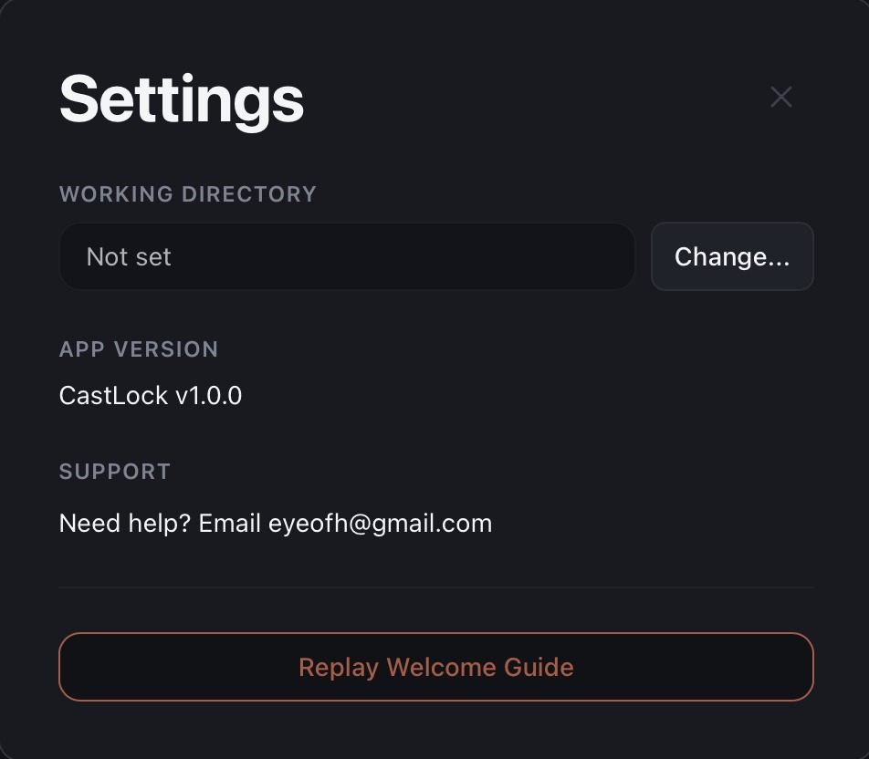 CastLock Settings modal