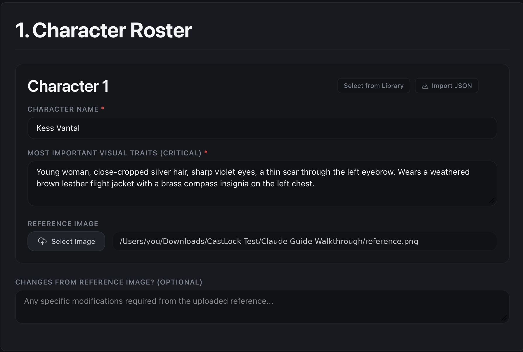 Character Roster section of the project setup form