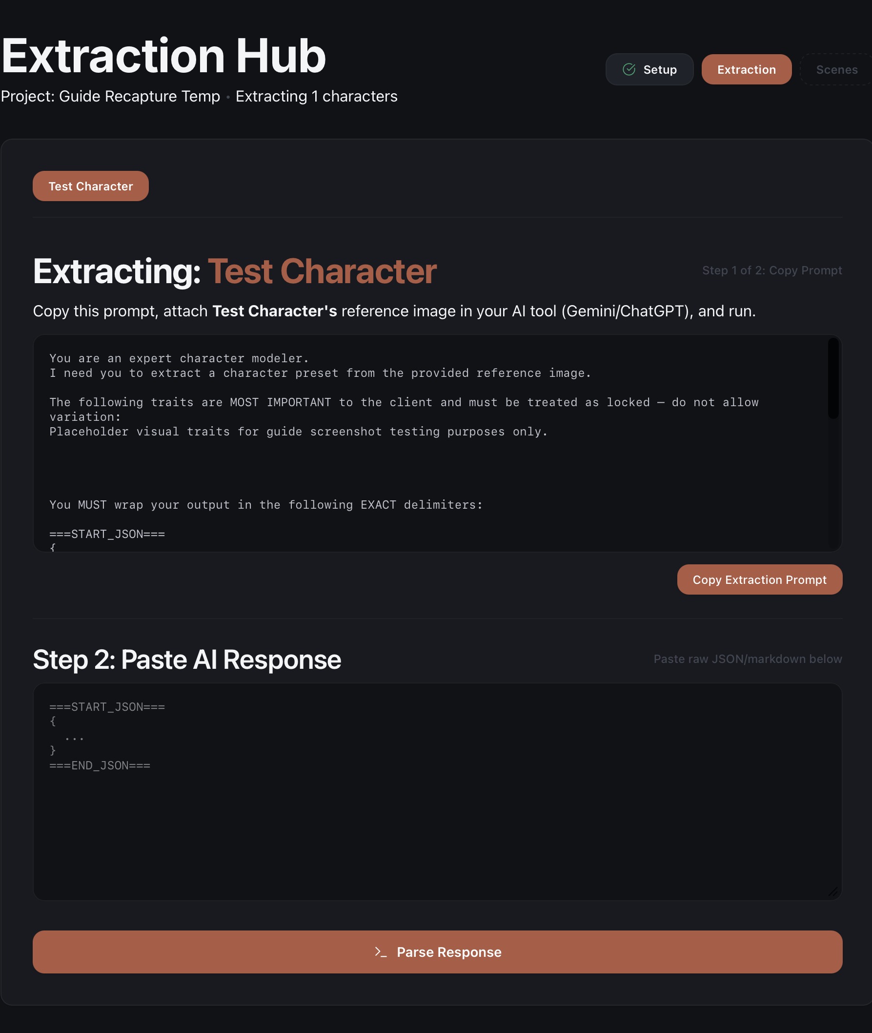 Extraction Hub showing the compiled extraction prompt and paste-response field