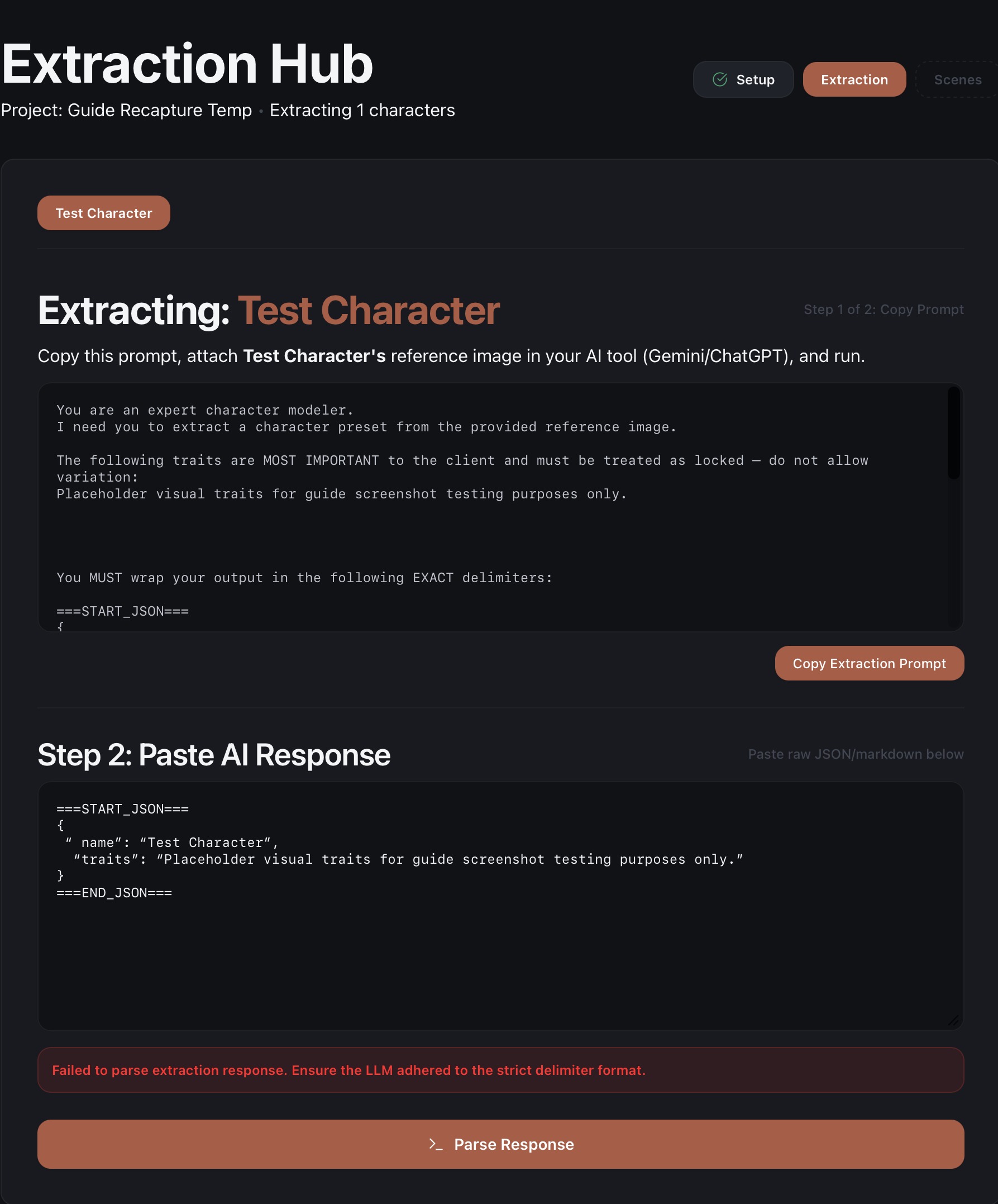 Extraction Hub paste-response field showing a smart-quotes corruption in progress