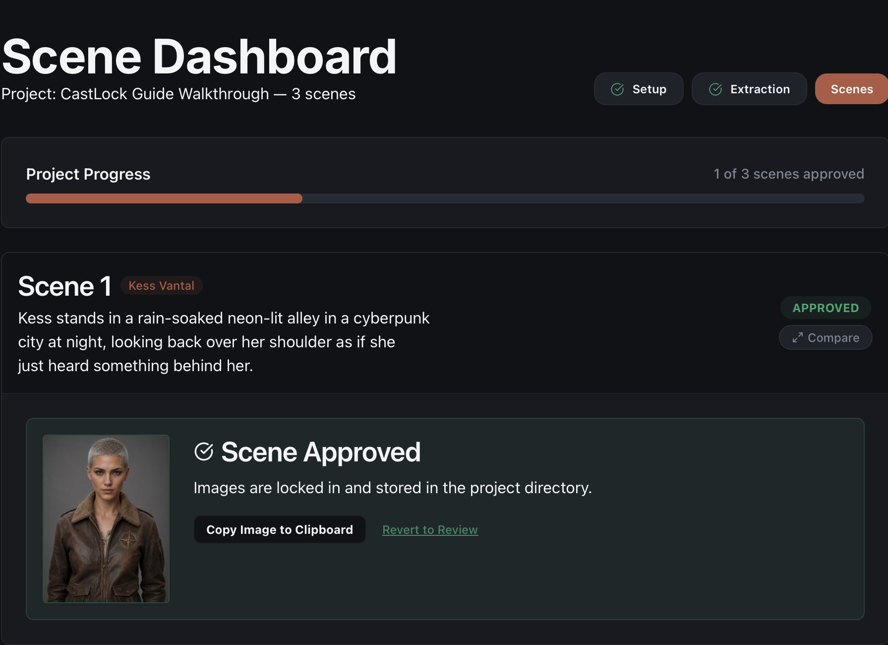 Scene Dashboard showing an approved scene