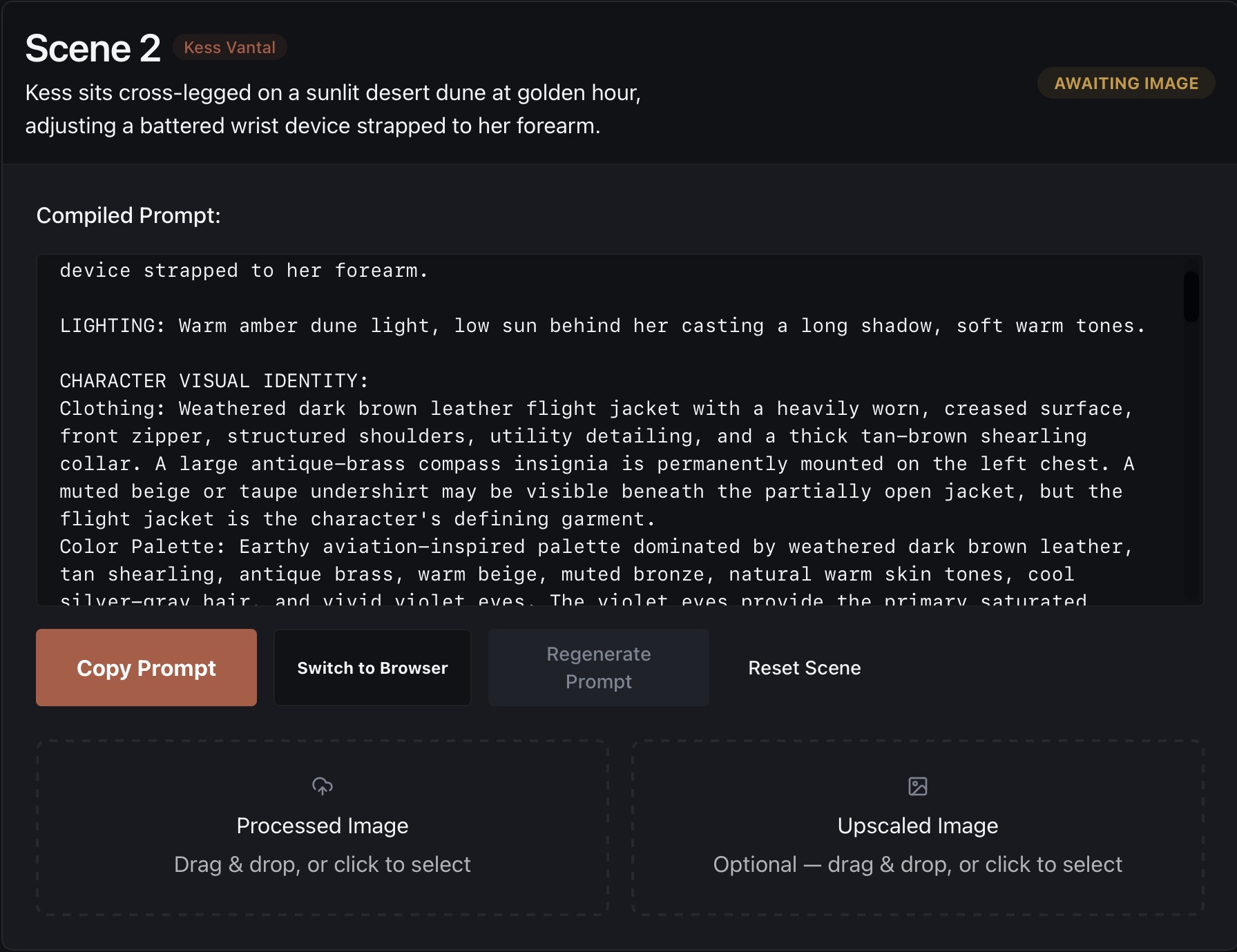 Scene Dashboard showing a compiled prompt and image upload slots for a scene awaiting an image